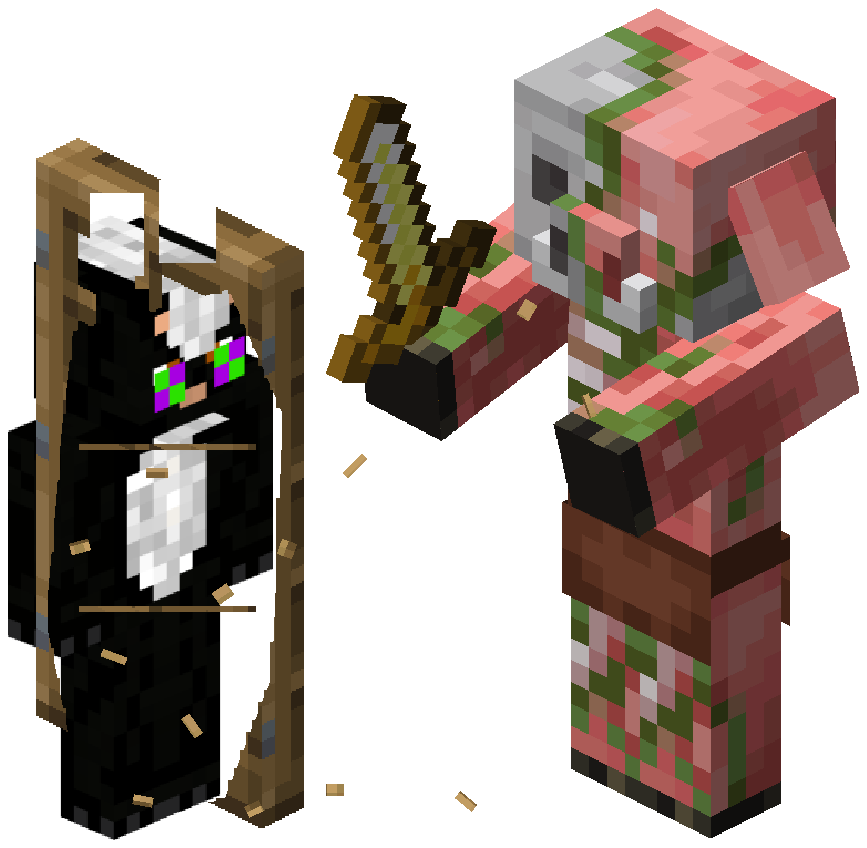 wilder0p's skin visible through a smashed oak door, with a zombified piglin standing in front holding a golden sword